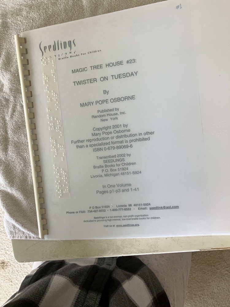 Braille Book: Magic Tree House “Twister on Tuesday” Old braille format