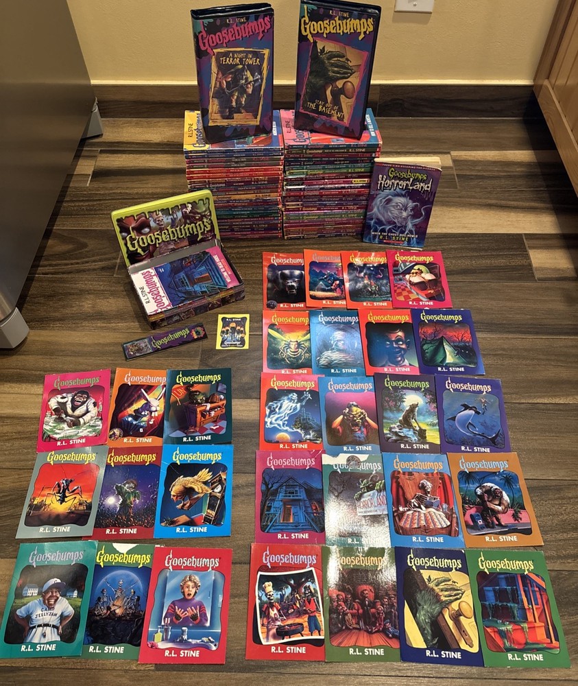VTG Lot Of R.L. Stine Goosebumps Books- 49 Books,VHS, Postcards Bookmarks, Decal