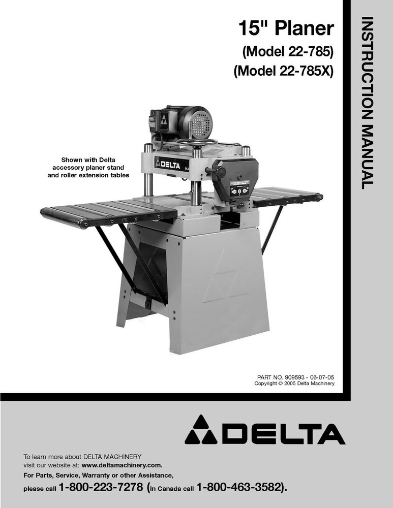 Delta 22-785 Instruction Manual User Guide for 15″ Planer Coil Bound