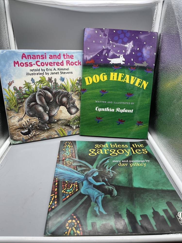 Childrens Books: Dog Heaven,God Bless Gargoyles,Anansi &Moss Rock Lot Of 3 VTG